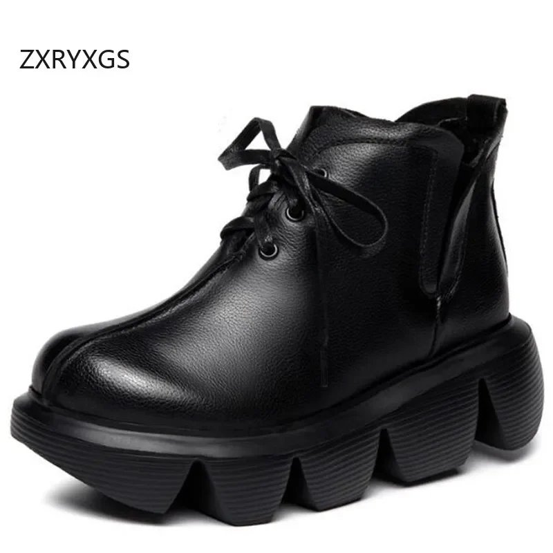 ZXRYXGS Top Layer Cowhide Lace-up Single Boots Platform Light Non-slip Elevator Shoes Woman Boots 2024 New Winter Leather Boots