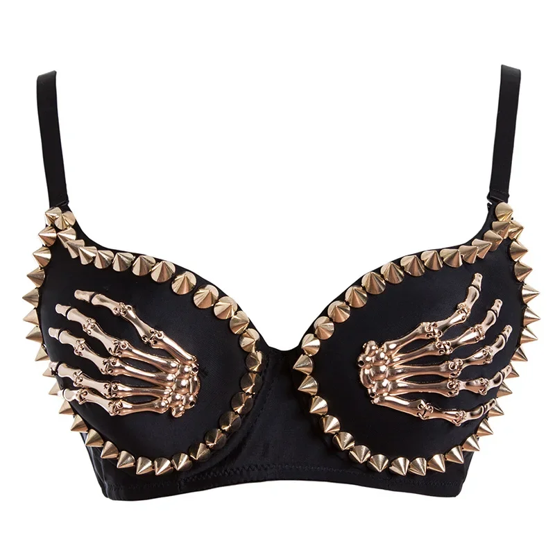 

Bra Gold Rivet Skeleton Hands Fashion Push Up Bras for Women Sexy Gothic Punk Corset Top Party Club Dance Wear