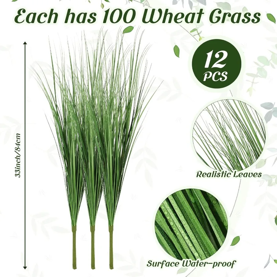12 Pcs 33 Inch Artificial Grass Plants Faux Shrubs Wheat Grass for Outdoor and Indoor Home Decor Tall Fake Plants Greenery Stem