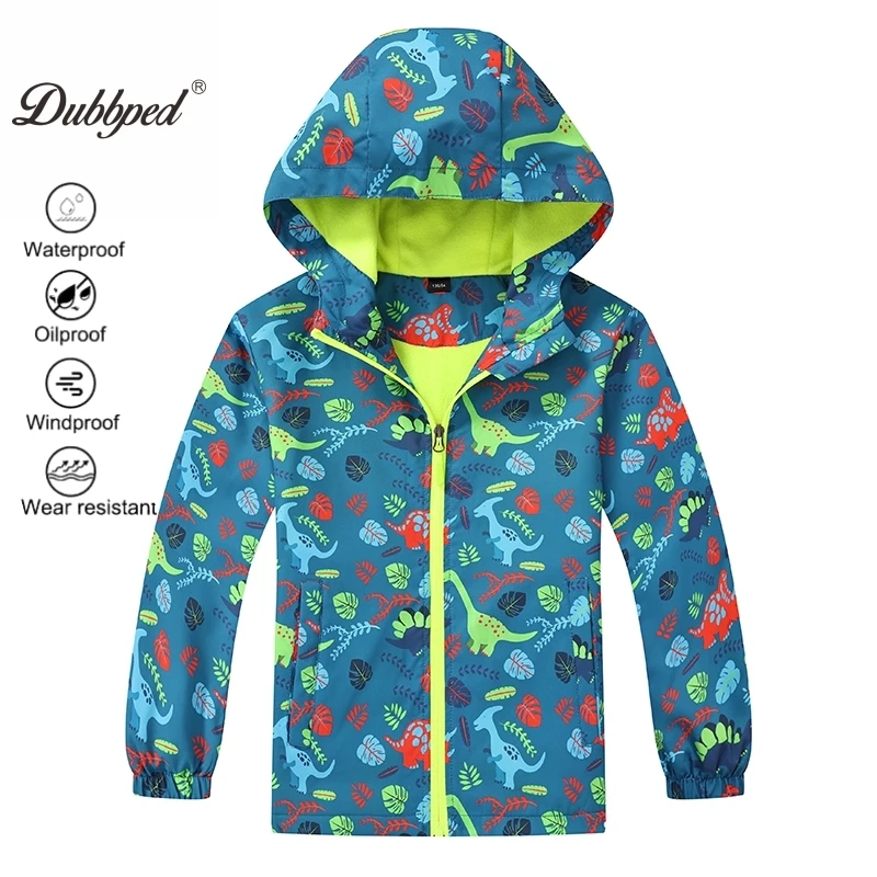 Dubbped Kids Dinosaur Jacket Boys Waterproof Boy's Detachable Hat Design Coat Windbreaker Outerwear Polar Fleece Windproof Cloth