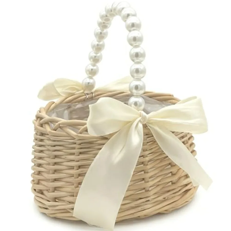 

Wicker Rattan Flower Girl Basket with Pearl Handle, Satin Bowknot Flower Basket, Wedding Flower Girl Basket and Home Decoration