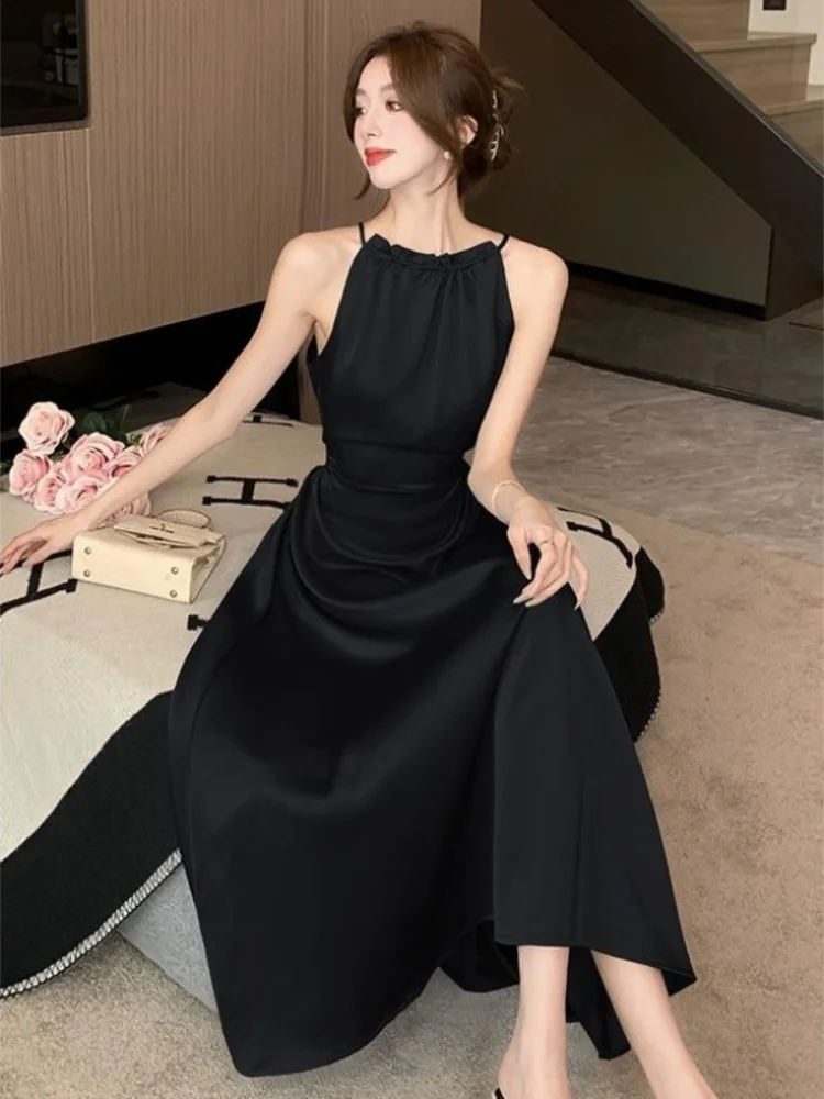 2024 Spicy Girl Sexy Waist Hanging Neck Dress Summer New Satin Style Shrinking Waist and Slimming French Long Dress