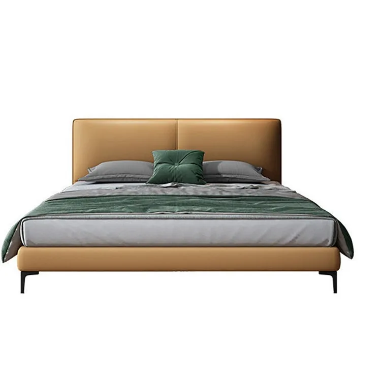 

Italian minimalist leather bed, master bedroom, Nordic light luxury, solid wood soft bed