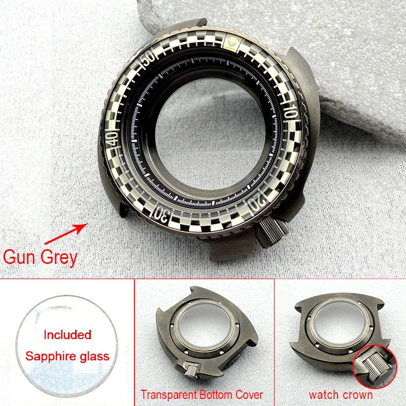 Gun Grey 44mm Mod 6105 6309 Abalone Turtle Case Sapphire Glass Crown at 4.1 Fits 7S 4R NH34 NH35 NH36 Automatic Movement Custom