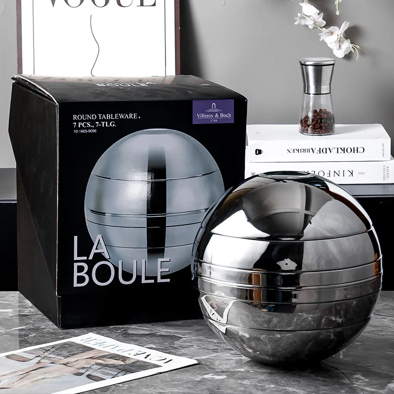 Cross-border 304 stainless steel spherical set of bowls and plates, seven-piece set of art spherical ornaments, bright double-la