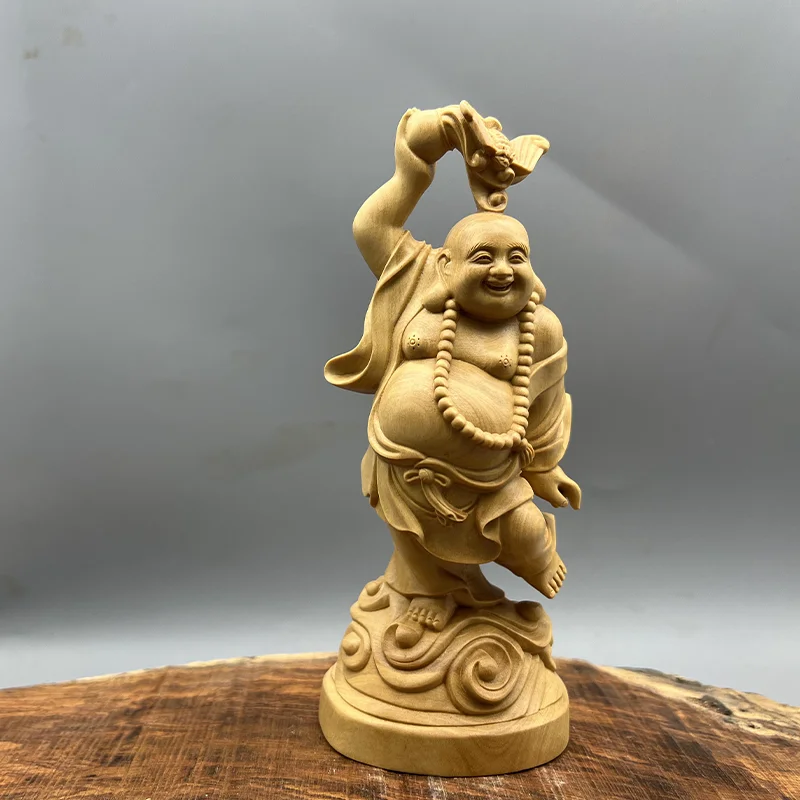 

15cm Chinese Small leaf Boxwood Wood HandCarved Maitreya Buddha statue Happy Laughing Buddha sculpture Wood buddha