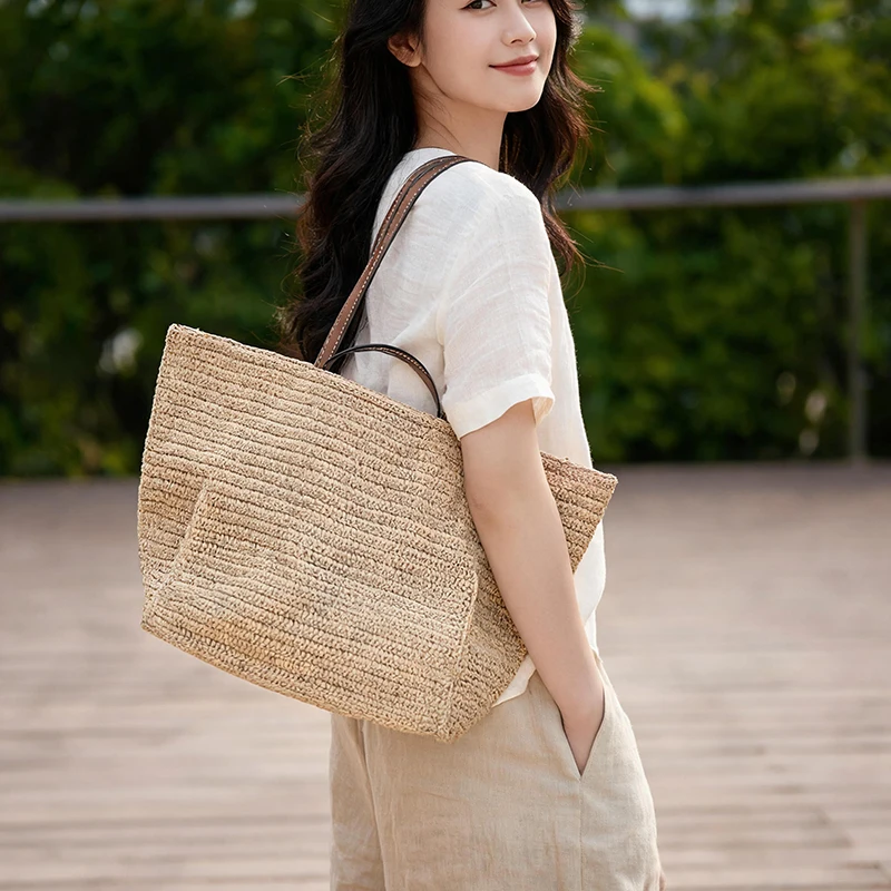 Handgewebte Stroh-Strandtasche, Große Kapazität Damen-Schultertasche, Leichte Vielseitige Sommer-Handtasche für Pendeln und Reisen, Khaki – Detail 5