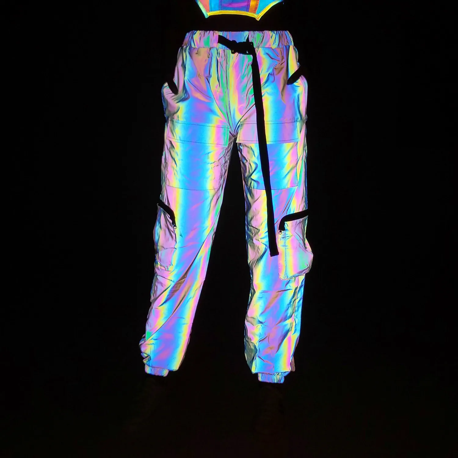 Reflective Hip Hop Pants Women Nightclub DJ Cargo Pants Kpop Stage Performance Dance Outfit Night Sport Joggers Trousers 2024