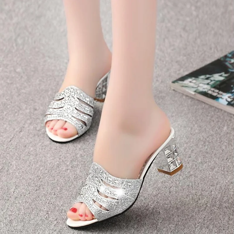 Girl Gladiator Opened Toe Summer Sandal Rhinestone Square Heels Sandals Women\'s Hight Heel Hollow Out Slippers Casual Size 35-41