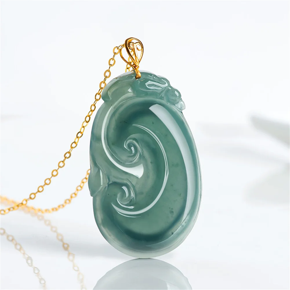 

18K Gold Natural Green Jadeite Carved Fortune RuYi Lucky Pendant Amulet Chain Necklace Certificate Luxury Jade Vintage Jewelry