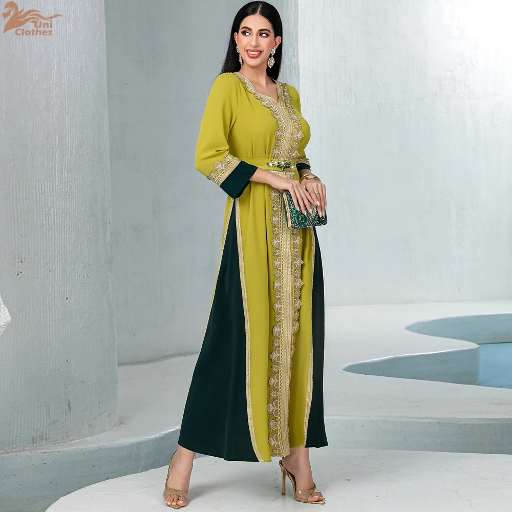 

Elegant Luxury Muslim Abaya Dress for Women Dubai Style Loose Fit Long Kaftan with Embroidery Belt Eid Ramadan Evening Wear