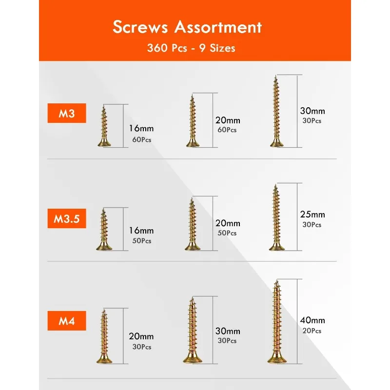 360 Pieces Set Self-Tapping Screws Countersunk Head Wood Screws for DIY Project Repair Woodworking Screw M3 M3.5 M4 Nail Screw