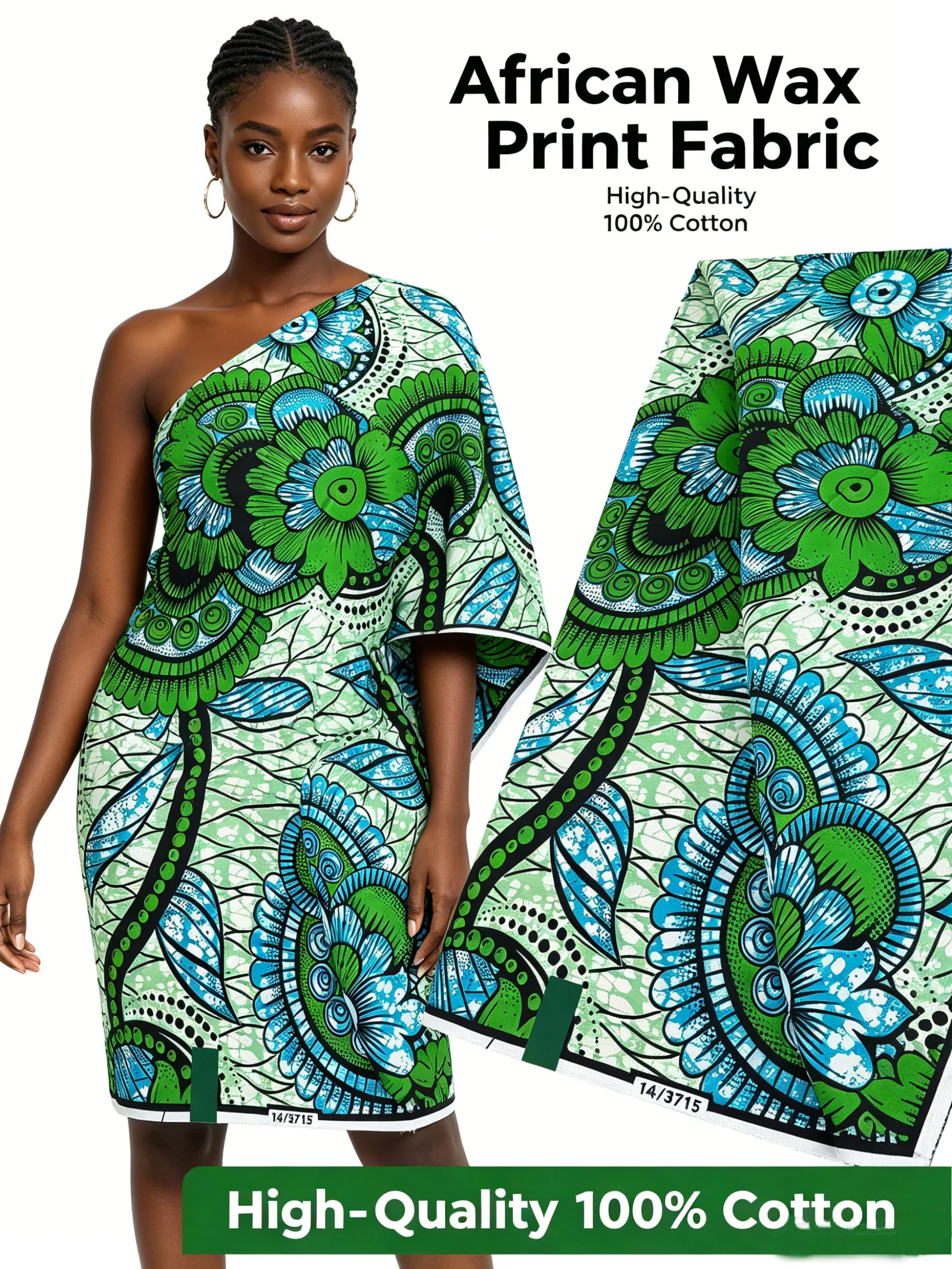 High Quality African Real Wax Ankara Fabric Green Blue Floral Print 6 Yards 100% Cotton Nigerian Wax Cloth For Ladies Dress view 6