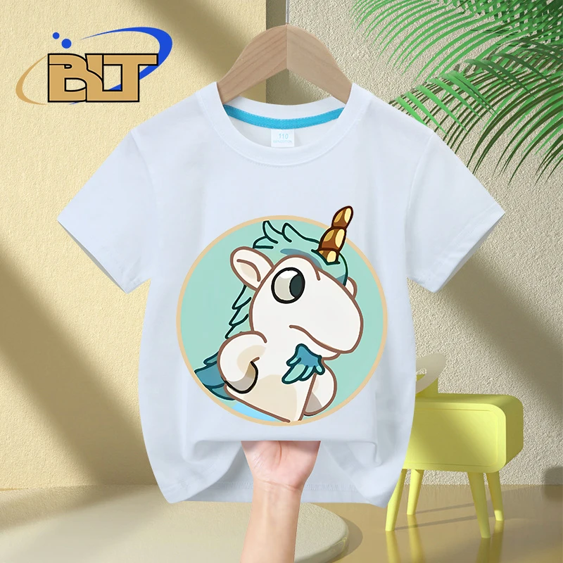 T-shirt à Manches Courtes en Coton pour Enfant, Vêtement Décontracté avec Imprimé de Dessin Animé et Trou de Licorne Mignon, pour Garçon et Fille