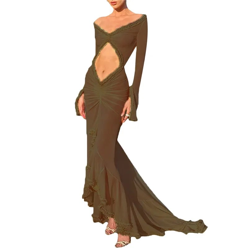 ผู้หญิงเซ็กซี่ลูกไม้ดูผ่านชุดMaxi Y2kดอกไม้Sheerสายคล้องคอBackless Bodyconติดตั้งชุดยาวปาร์ตี้คลับชุด