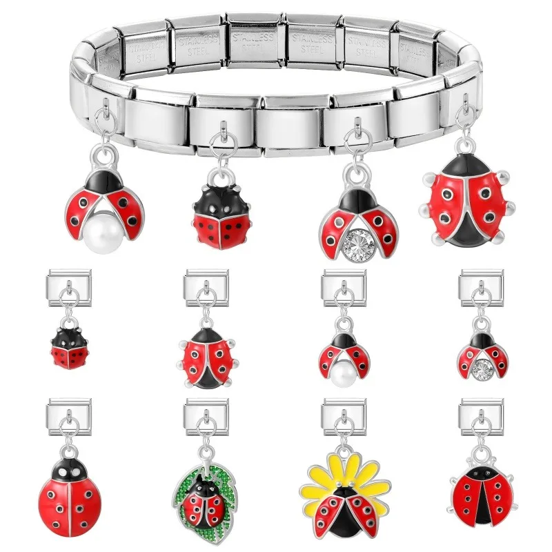 2026New Wholesale Black Red Insect Beetle Pendant Italian Charm Fit 9mm Bracelet Stainless Steel Drop Shipping Women Jewelrys