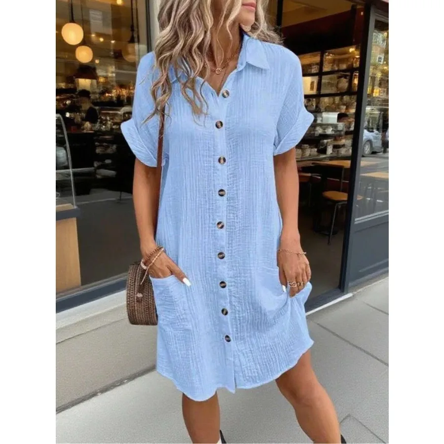 

【New style】Casual Button Front Pocket Dress Daily Spring And Autumn