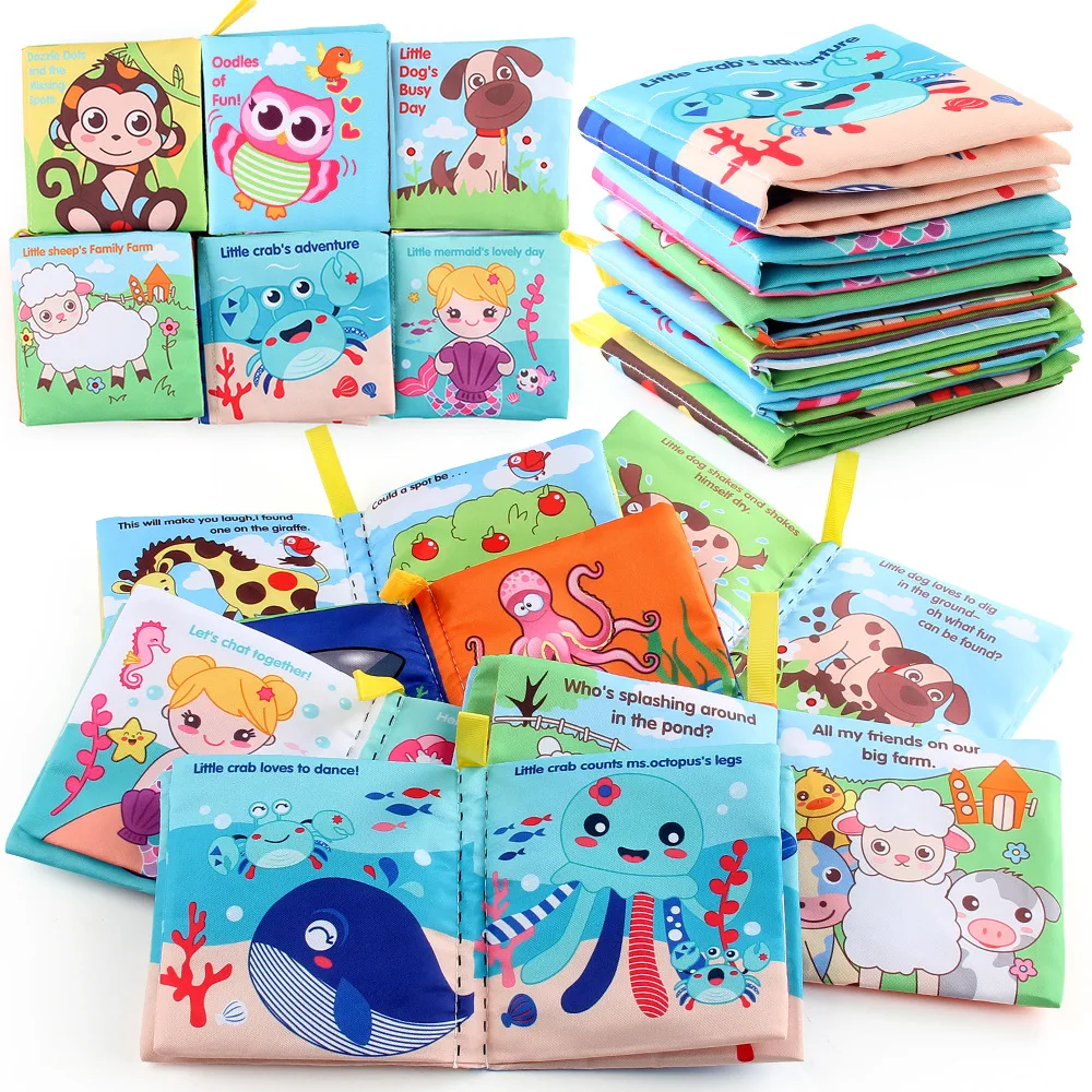 

6 pcs Early education baby cloth book English animal transportation tool baby tear-resistant cloth book set