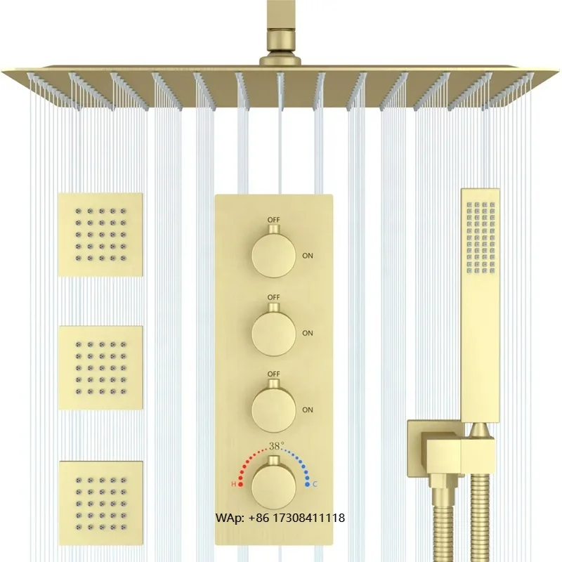 Brushed gold 16 inch concealed thermostatic brass ceiling rain bathroom shower equipment combination system set