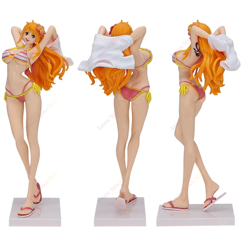 Gran oferta de figuras de Nami de una pieza, Chica de Anime en vacaciones en la playa, Nami, colección roja y verde, juguete de estatuilla, muñeca ornamental de pie de PVC