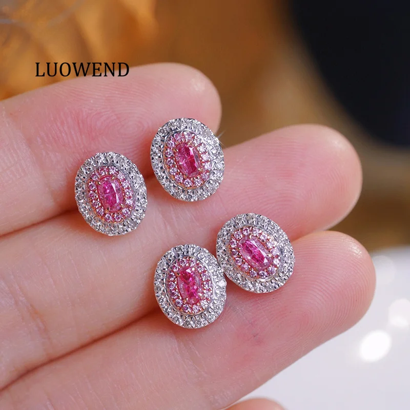LUOWEND 100% 18K White Gold Earrings Romantic Oval Shape Real Natural Pink Diamond Stud Earrings for Women High Party Jewelry