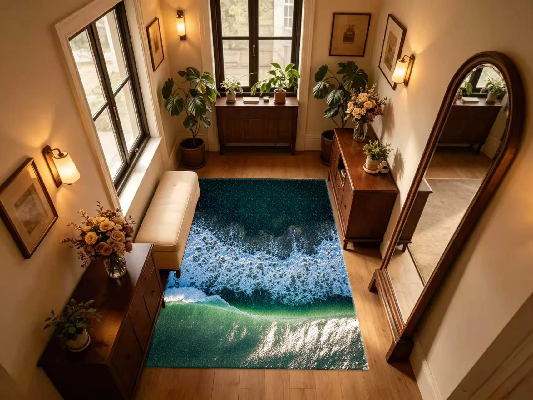 Aerial Top‑Down Ocean Wave Foam Seascape Carpet Flooring Green Seawater Nature Landscape Household Wall‑To‑Wall Floor Decor Rug