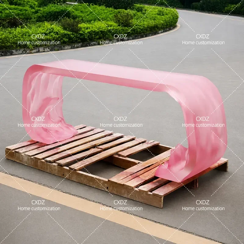 J673 Creative Wave Pink Transparent Resin Coffee Table Customized for Living Room Reception Hotel Bar Shopping Mall Tea Table