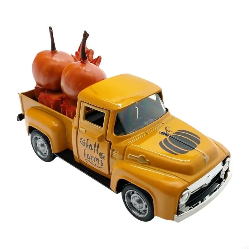 Miniature Metal Pickup Truck Model With Fall Harvest Pumpkin Maples Accent For Home Office Table Shelf Arrangement X3UC