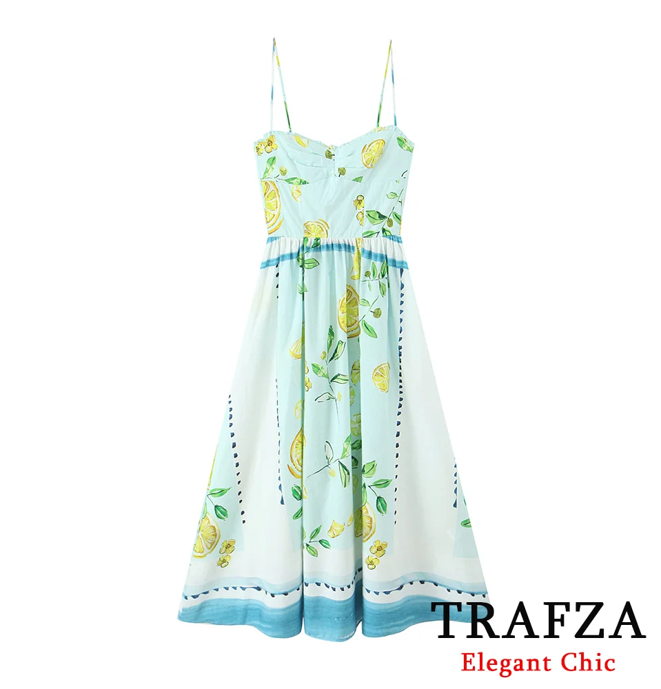 

TRAFZA Women Sweet Chic Printed Long Dress Backless Suspender Dress New 2025 Summer Fashion Holiday Elegant Date Mujer Dress