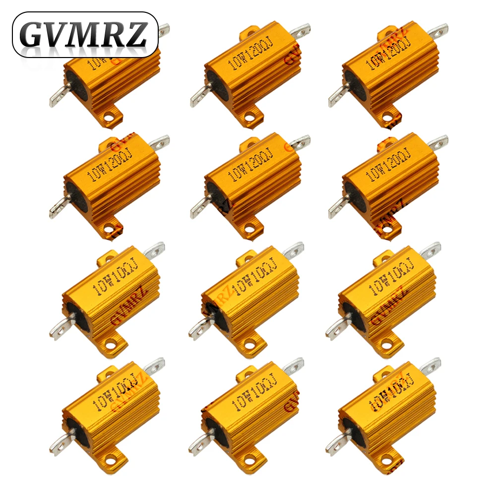 Resistor de Potência de 10W com Carcaça de Alumínio e Fio Enrolado, Valores de Resistência Variados, Componente Eletrônico