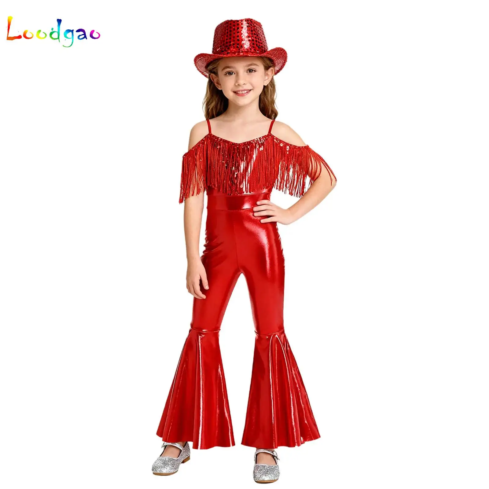 Girls Cowboys Cowgirls Jumpsuit Jazz Disco Dance Romper+Hat Set Sequins Tassels High Waist Flared Unitard Pageant Stage Outfits