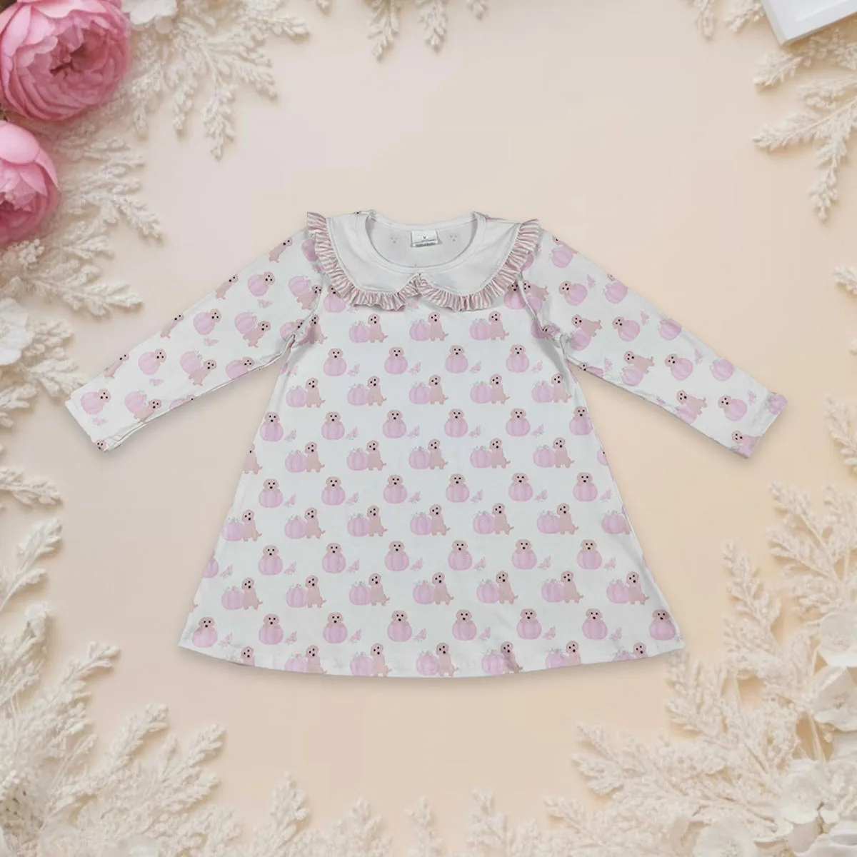 رائجة البيع طفل فتاة فستان ملابس طويلة الأكمام الوردي الكلب القرع طول الركبة الرضع الاطفال ملابس الخريف الشكر ملابس لطيف