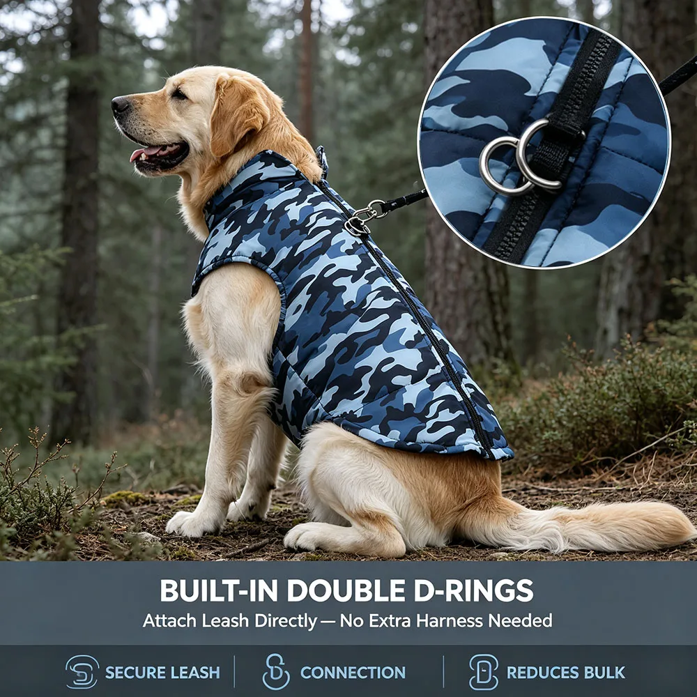 Winter Warm Clothes for Medium Large Dogs Windproof Padded Dog Vest Jacket with D-ring Fashion Camouflage Print Labrador Outfits