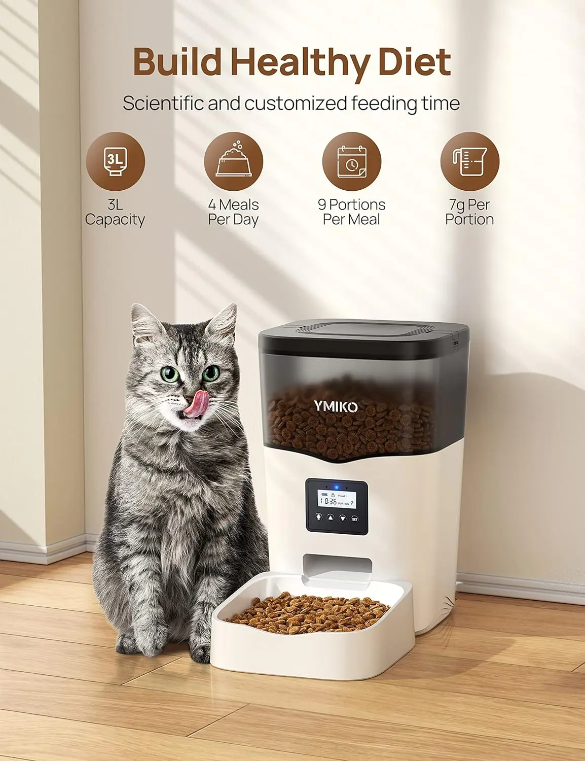 Ymiko Automatic Cat Feeder Cat Food Dispenser with Voice Recorder Timed Small Pet Feeder with Programmable Timer 1-4 Meals Per