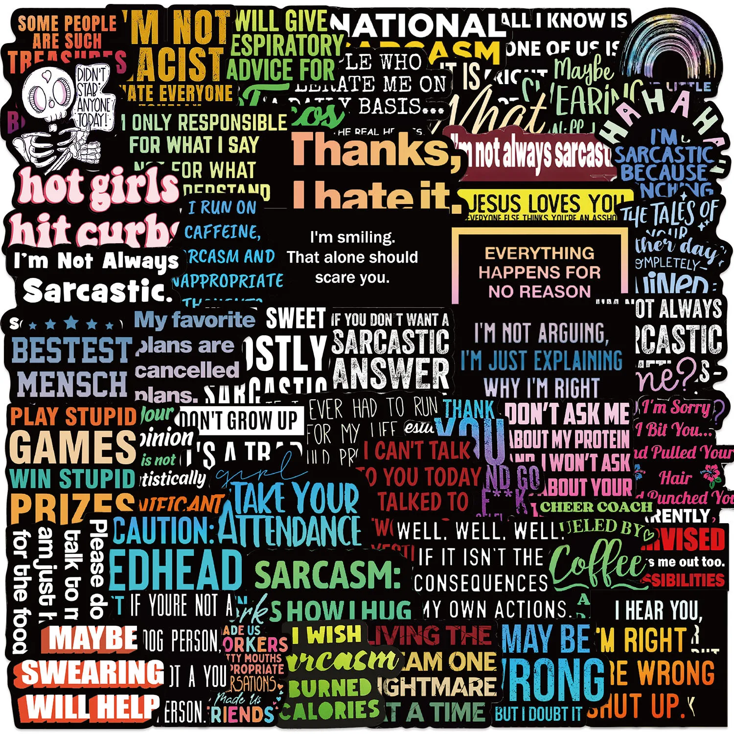 

55Pcs Cartoon Sarcastic Text Stickers Fluorescent Black Border Waterproof for DIY Journal Phone