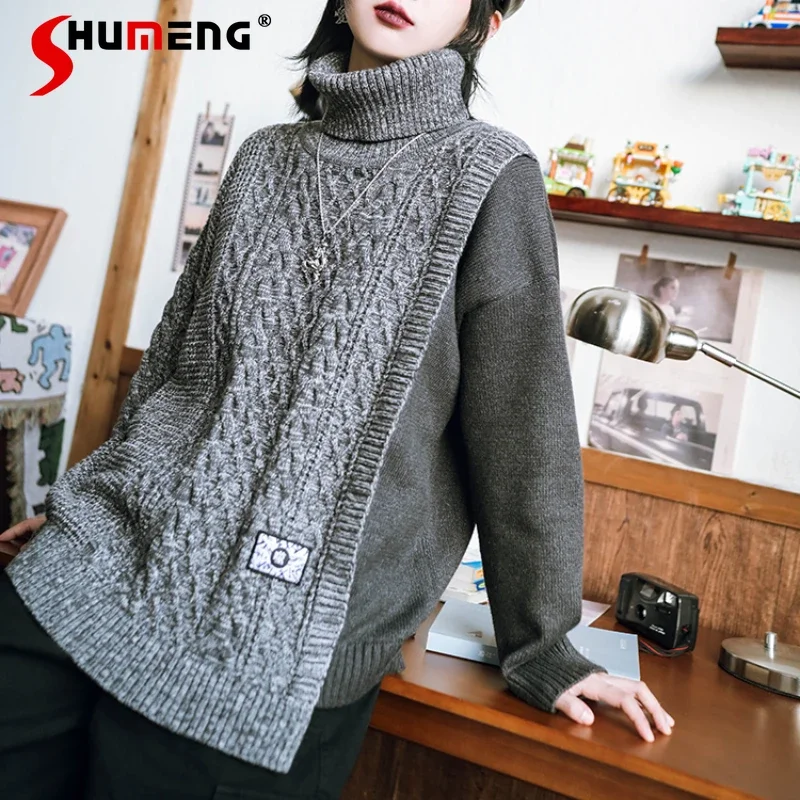 

Grey Turtleneck Sweater Women's 2024 New Design Splicing Thickened Top Long Sleeves Loose Casual Knitwear Y2k Jumpers Streetwear