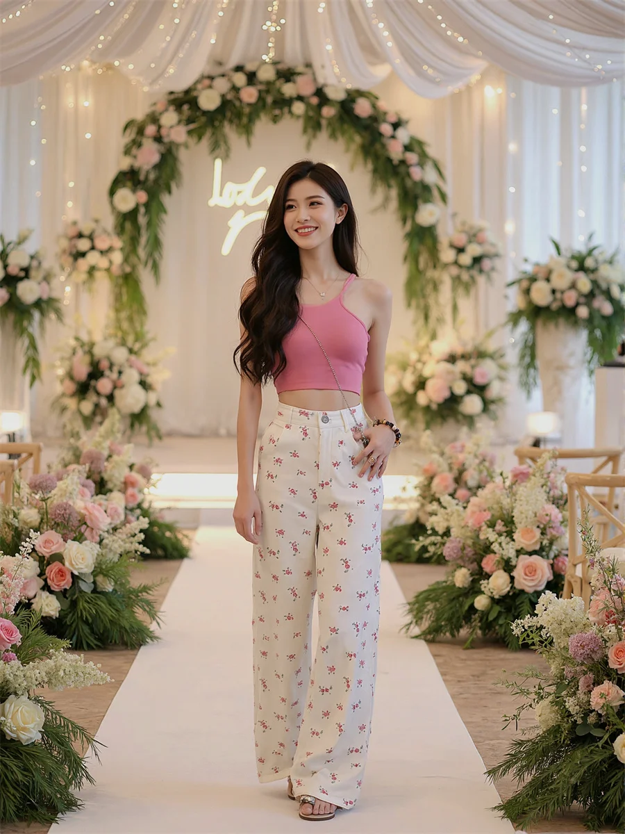 Sweet Floral High Waist Jeans Baggy For Woman Denim Pants Women Clothes Summer Lightweight Bootcut Beachwear Holiday Vacation BF