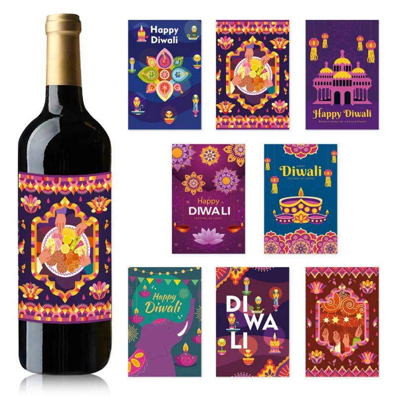 8Pcs Diwali Festival Theme Water Wine Beer Bottle Labels Stickers for For India Happy Diwali Festival Party Decoration