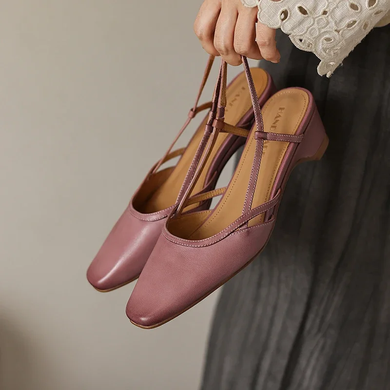 Water-washed First Layer Cowhide Women Slingbacks Pigskin Lining Real Leather Sandals Mid Block Heel Office Shoes Large Size 42