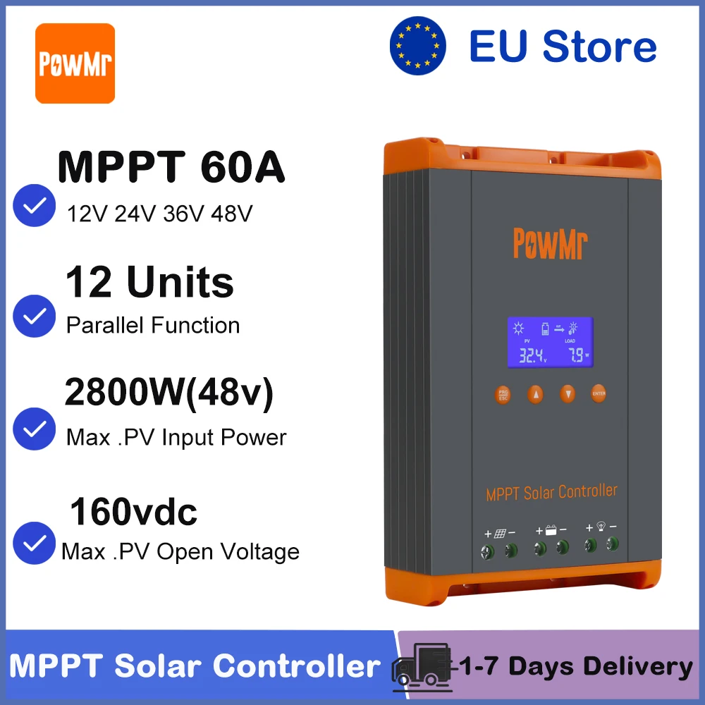 Regolatore di Carica Solare MPPT PowMr 60A 12V 24V 36V 48V, Collegabile in Parallelo fino a 12 Unità, Compatibile con Batterie LifePO4 per Camper e Casa