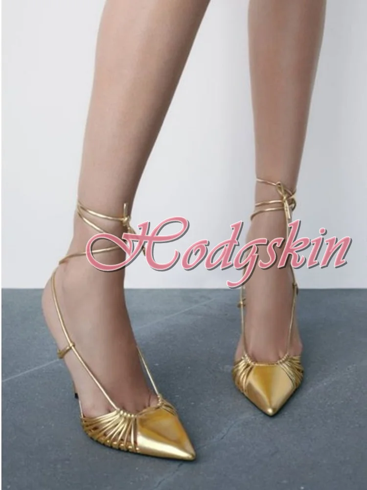 Gold Cross Tied Solid Sandals Pointy Toe Hollow Lace-up Straps Sandals Women Sexy Shoes Summer Party Big Size Stiletto Heels New