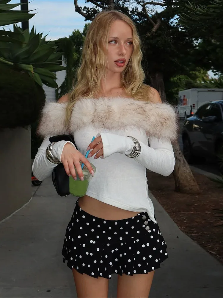 

Fantoye Patchwork Fur Collar Sexy Backless Women Top White Long Sleeve Asymmetrical Slim Winter Lady Crop Tops Fashion Partywear