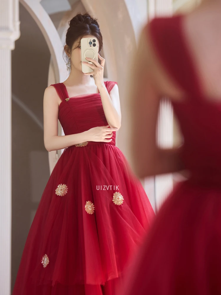 Elegant Red A Line Prom Wedding Dress Korea Photo Shoot Square Collar Floor Length Evening Party Gown Corset Back Customized