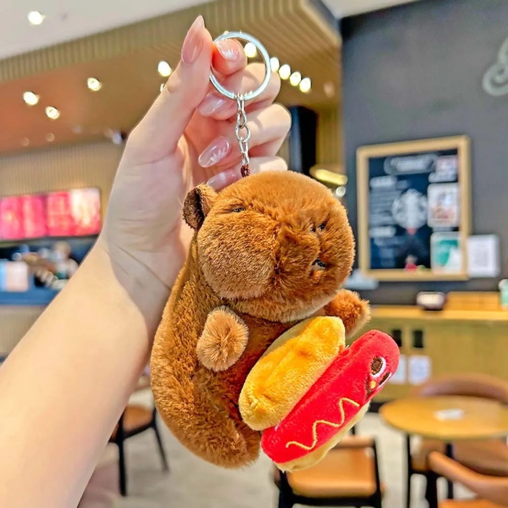 Kawaii Soft Capybara Key Ring Hamburger Funny Plush Animal Pendant Fur Red-hot Cartoon Doll Keychain Girls