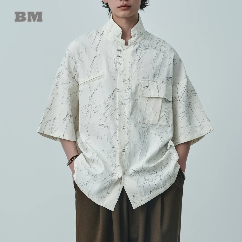 

Chinese Style Stand Collar Jacquard Shirt Men Clothing Summer Vintage Tai Chi Kung Fu Casual Shirt Loose Short Sleeve Tops Male