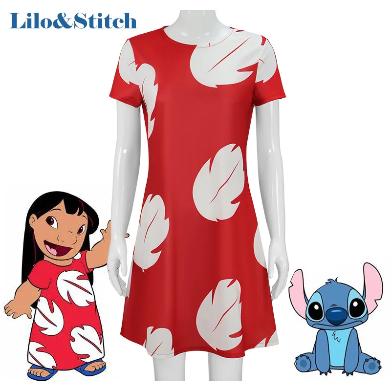 

Lilo Stitch Lilo Cosplay Red Dress White Leaf Print Short Sleeve Tunic for Girls Halloween Carnival Themed Party Costume