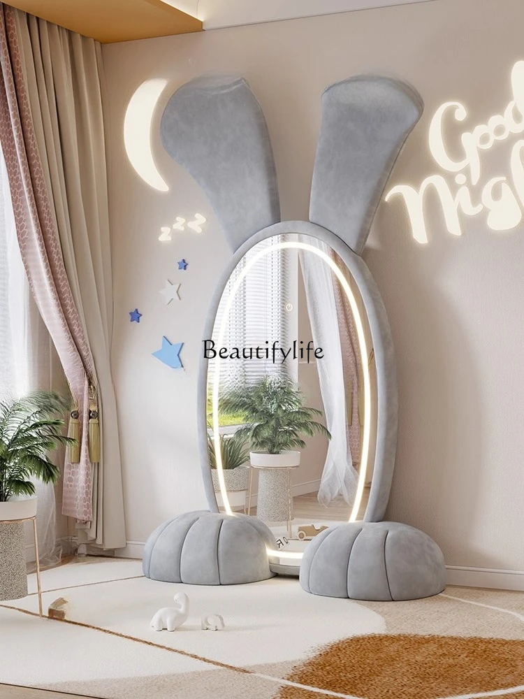 Big-eared rabbit mirror full-body floor fabric cartoon atmosphere theme hotel full-length mirror