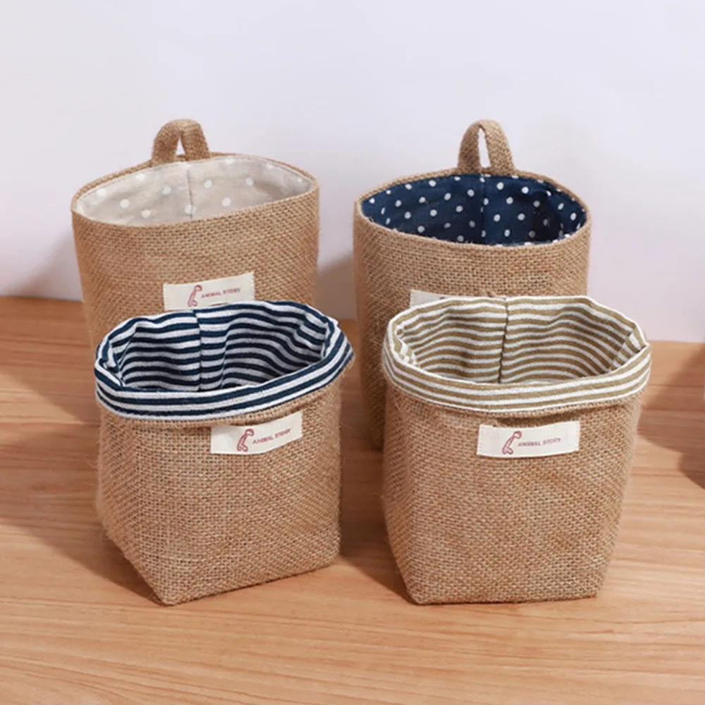 Nordic Style Bed Caddy Storage Bag Cotton Linen Non-Woven Pocket with Hanging Hole Wall Mounted Pouch for Bedside Bed Frames