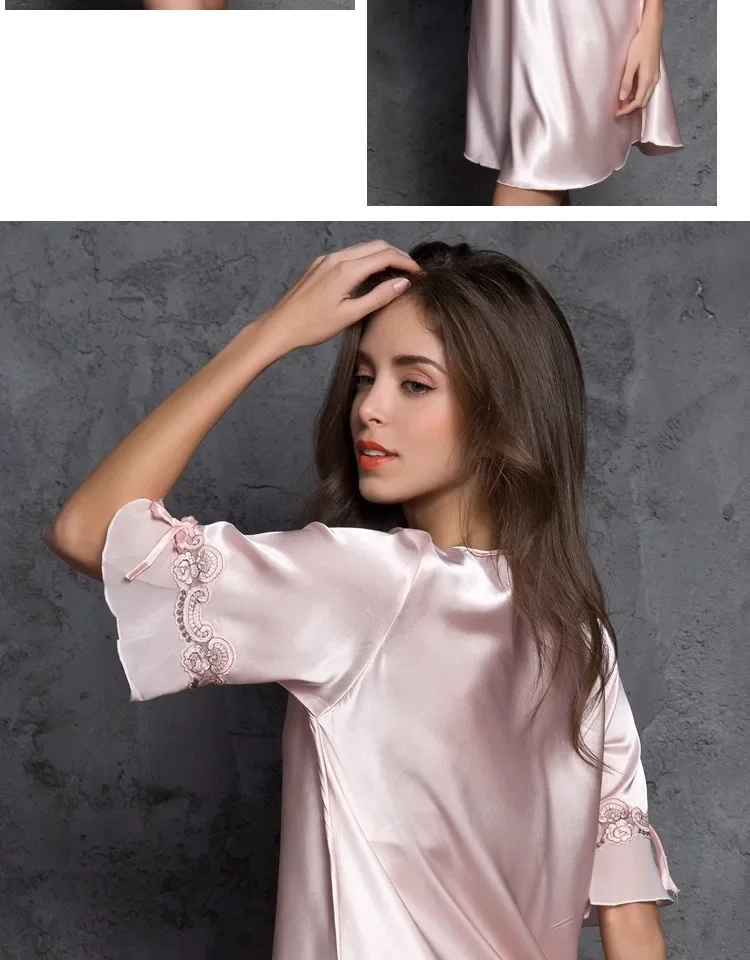 Imitation silk pajamas dress ladies ice silk nightdress mid-sleeve elegant women home wear