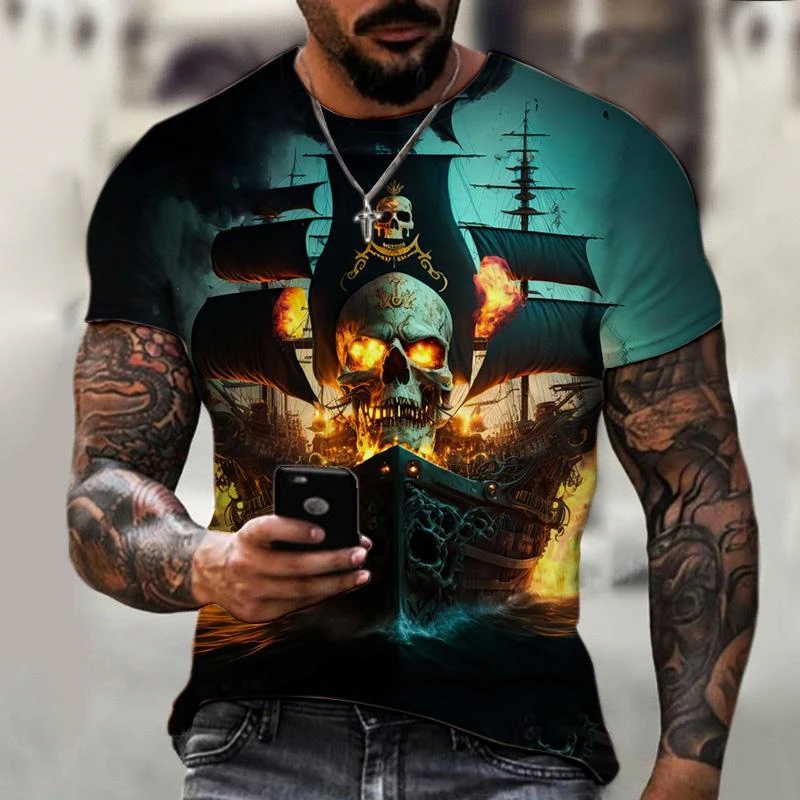 Horror Skeleton Ship Graphics T Shirts Summer Trend Short Sleeve Trend 3D Printed T-shirts Loose Streetwear Cool Mens Kids Tees